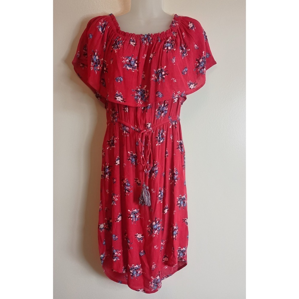 NWT Knox Rose Cherry Red Blue Floral On/Off Shoulder Dress Size S Stretch Summer